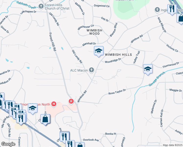 map of restaurants, bars, coffee shops, grocery stores, and more near 630 Wimbish Road in Macon