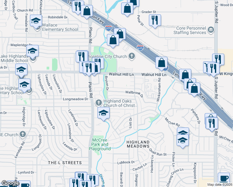 map of restaurants, bars, coffee shops, grocery stores, and more near 10805 Wallbrook Drive in Dallas