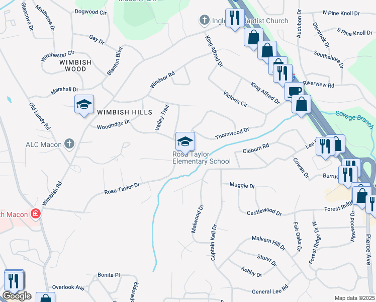 map of restaurants, bars, coffee shops, grocery stores, and more near 2976 Crestline Drive in Macon