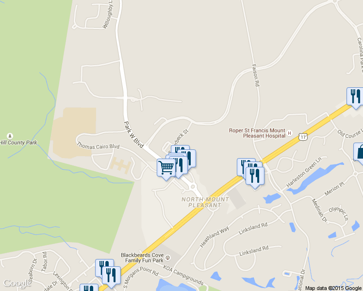 map of restaurants, bars, coffee shops, grocery stores, and more near 3409 Salterbeck Street in Mount Pleasant