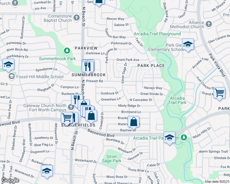map of restaurants, bars, coffee shops, grocery stores, and more near 4680 Feathercrest Drive in Fort Worth