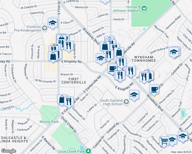 map of restaurants, bars, coffee shops, grocery stores, and more near 264-268 E Kingsley Rd in Garland