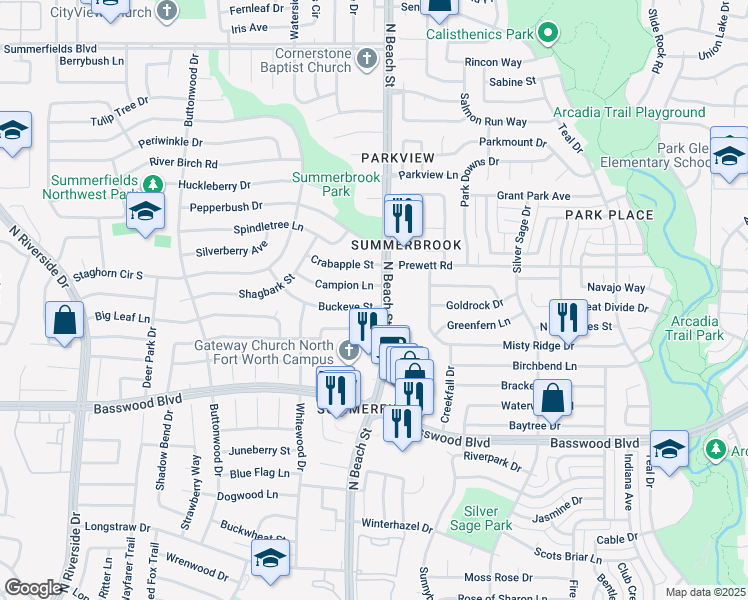 map of restaurants, bars, coffee shops, grocery stores, and more near 4428 Campion Lane in Fort Worth