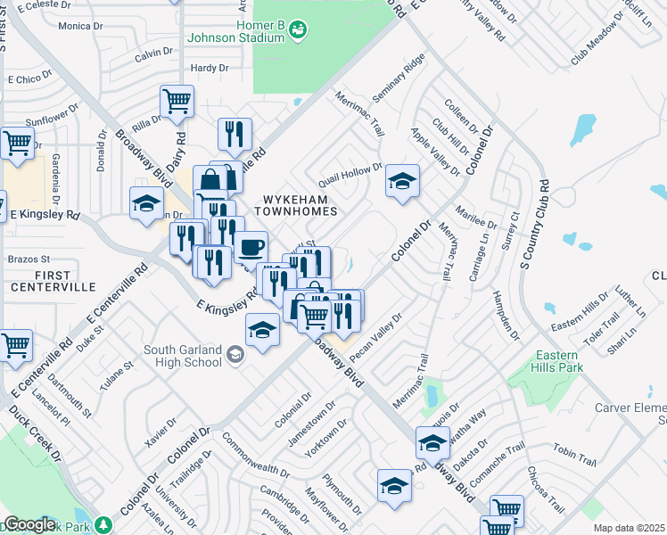 map of restaurants, bars, coffee shops, grocery stores, and more near 1101 Colonel Drive in Garland