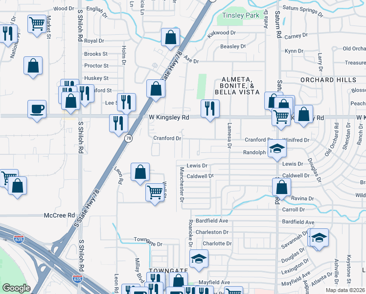 map of restaurants, bars, coffee shops, grocery stores, and more near 2010 Cranford Drive in Garland