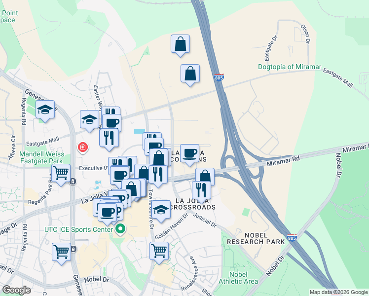 map of restaurants, bars, coffee shops, grocery stores, and more near 4731 Executive Drive in San Diego