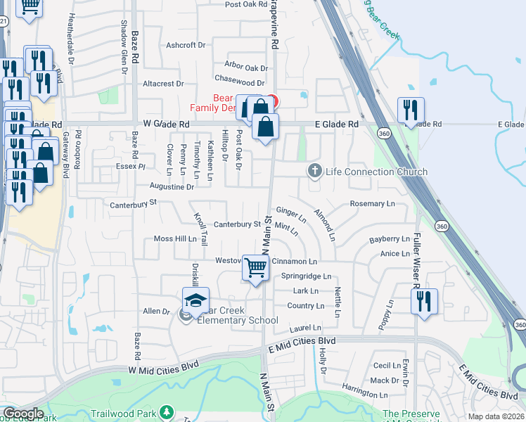 map of restaurants, bars, coffee shops, grocery stores, and more near 2806 Newkirk Court in Euless