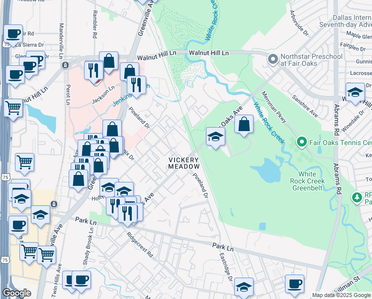 map of restaurants, bars, coffee shops, grocery stores, and more near 7407 Fair Oaks Avenue in Dallas