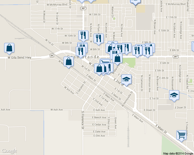 map of restaurants, bars, coffee shops, grocery stores, and more near 139 W 1st St in Casa Grande