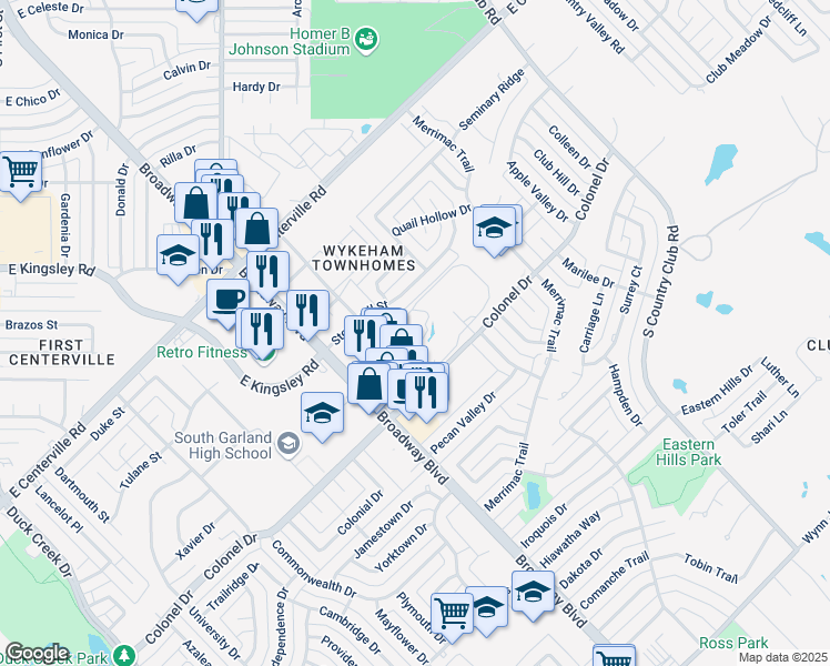 map of restaurants, bars, coffee shops, grocery stores, and more near 1101 Colonel Drive in Garland