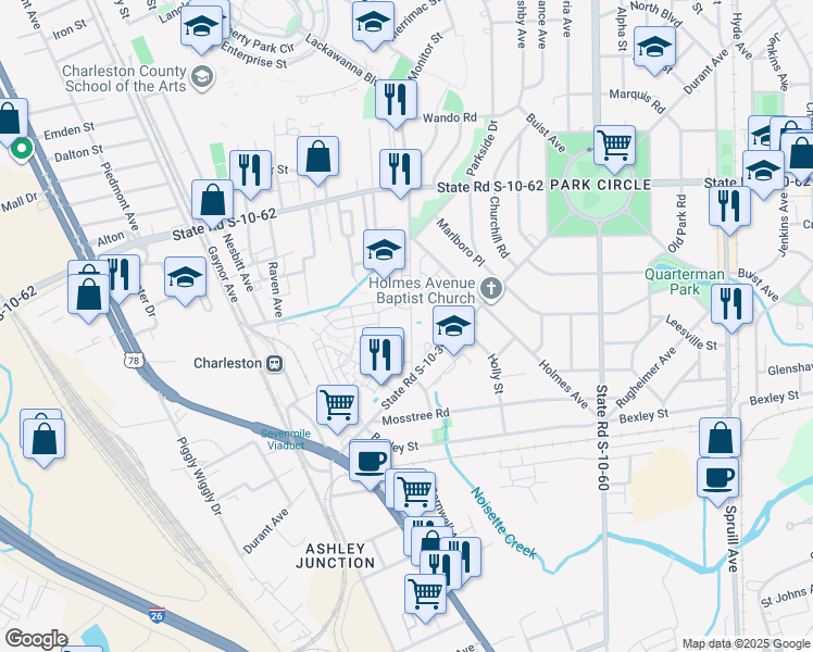 map of restaurants, bars, coffee shops, grocery stores, and more near 4575 Summey Street in North Charleston