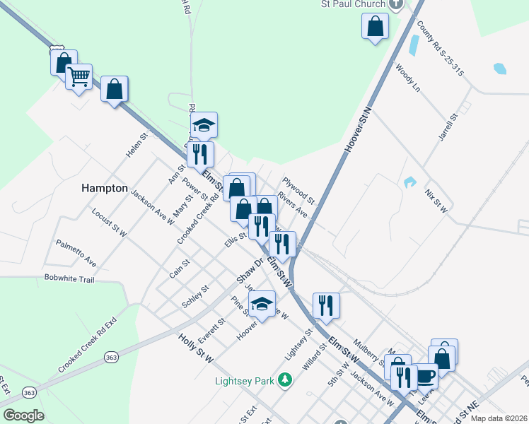 map of restaurants, bars, coffee shops, grocery stores, and more near 401 County Road S-25-123 in Hampton