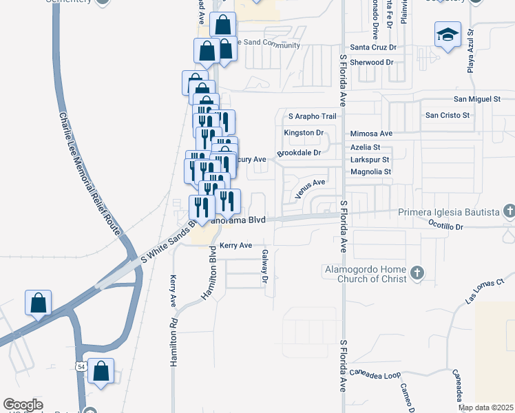 map of restaurants, bars, coffee shops, grocery stores, and more near 453 Panorama Boulevard in Alamogordo