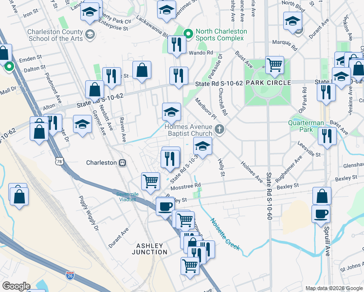map of restaurants, bars, coffee shops, grocery stores, and more near 4575 Summey Street in North Charleston