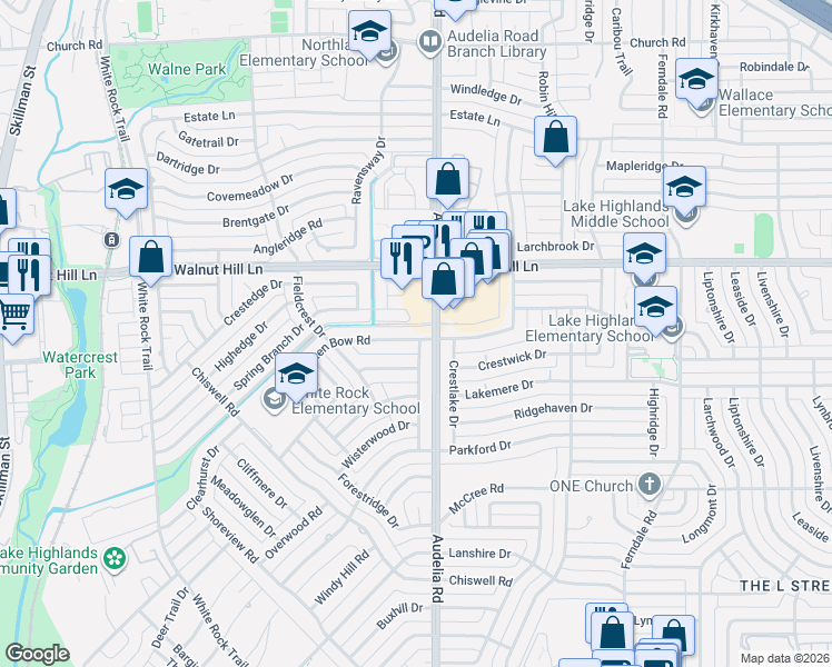 map of restaurants, bars, coffee shops, grocery stores, and more near 9797 Broken Bow Road in Dallas