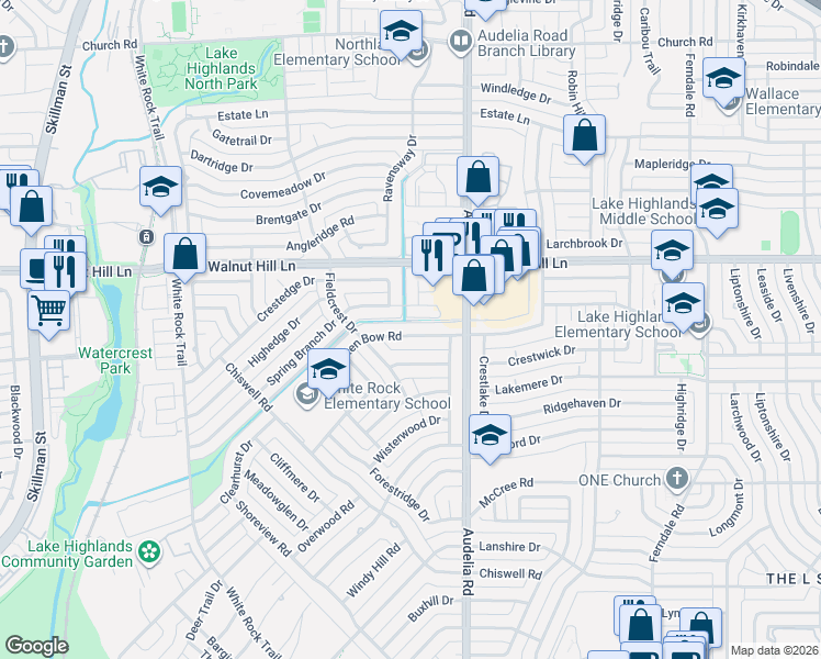 map of restaurants, bars, coffee shops, grocery stores, and more near 9748 Spring Branch Drive in Dallas