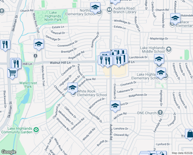 map of restaurants, bars, coffee shops, grocery stores, and more near 9748 Spring Branch Drive in Dallas