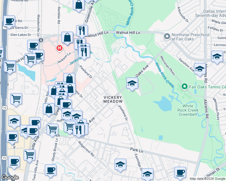 map of restaurants, bars, coffee shops, grocery stores, and more near 7407 Fair Oaks Avenue in Dallas