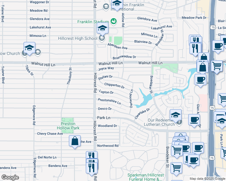 map of restaurants, bars, coffee shops, grocery stores, and more near 7040 Chipperton Drive in Dallas