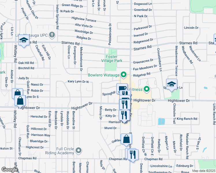 map of restaurants, bars, coffee shops, grocery stores, and more near 6613 Summer Hill Lane in Watauga
