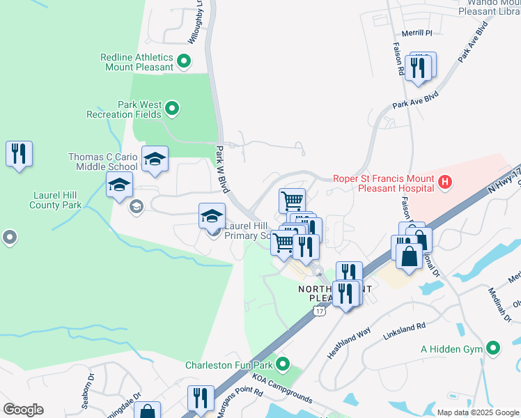 map of restaurants, bars, coffee shops, grocery stores, and more near 3301 Stockdale Street in Mount Pleasant