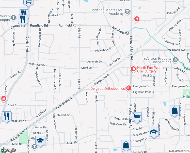 map of restaurants, bars, coffee shops, grocery stores, and more near 8836 Jason Court in North Richland Hills
