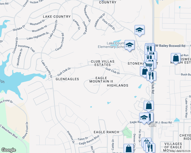 map of restaurants, bars, coffee shops, grocery stores, and more near 7645 Eagle Ridge Circle in Fort Worth