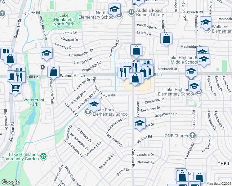map of restaurants, bars, coffee shops, grocery stores, and more near 9748 Spring Branch Drive in Dallas