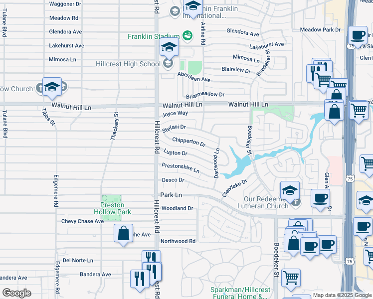 map of restaurants, bars, coffee shops, grocery stores, and more near 7040 Chipperton Drive in Dallas