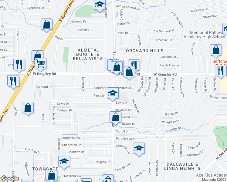 map of restaurants, bars, coffee shops, grocery stores, and more near in Garland