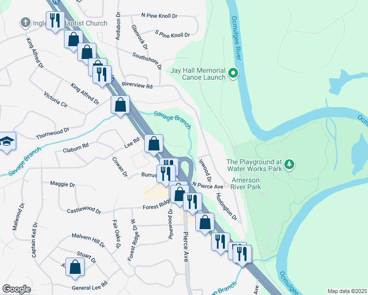 map of restaurants, bars, coffee shops, grocery stores, and more near 2702 Sheraton Drive in Macon