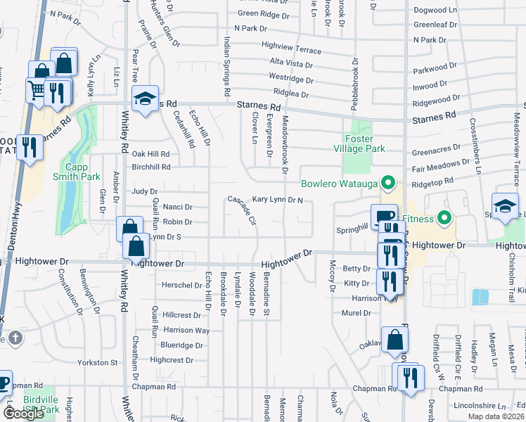 map of restaurants, bars, coffee shops, grocery stores, and more near 7301 Levitt Court in Watauga