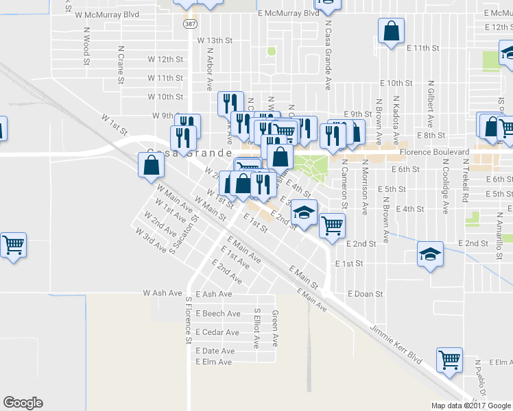 map of restaurants, bars, coffee shops, grocery stores, and more near 113 E 2nd St in Casa Grande