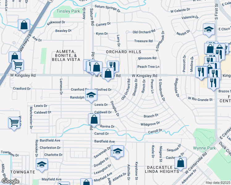 map of restaurants, bars, coffee shops, grocery stores, and more near 1115 Marydale Road in Garland