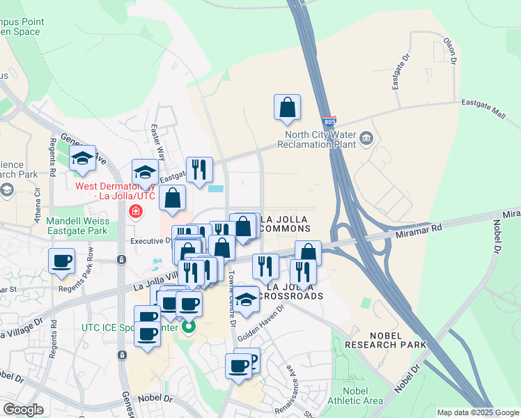 map of restaurants, bars, coffee shops, grocery stores, and more near 4707 Executive Drive in San Diego