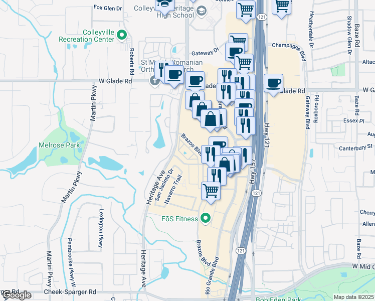 map of restaurants, bars, coffee shops, grocery stores, and more near 2800 Brazos Boulevard in Euless
