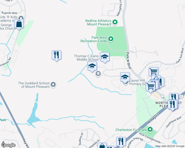 map of restaurants, bars, coffee shops, grocery stores, and more near 3300 Thomas Cario Boulevard in Mount Pleasant