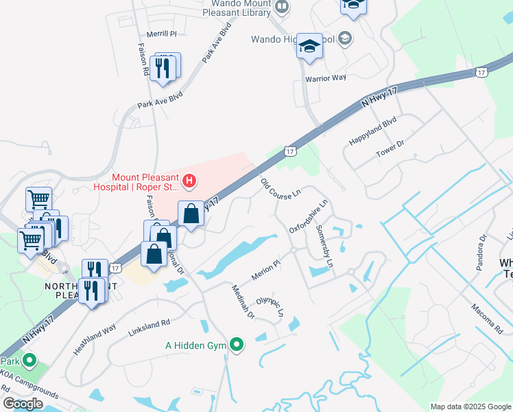 map of restaurants, bars, coffee shops, grocery stores, and more near 1314 Legends Club Drive in Mount Pleasant
