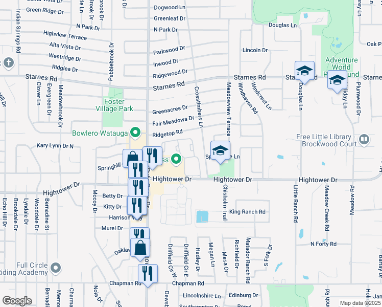 map of restaurants, bars, coffee shops, grocery stores, and more near 6889 Hightower Drive in North Richland Hills