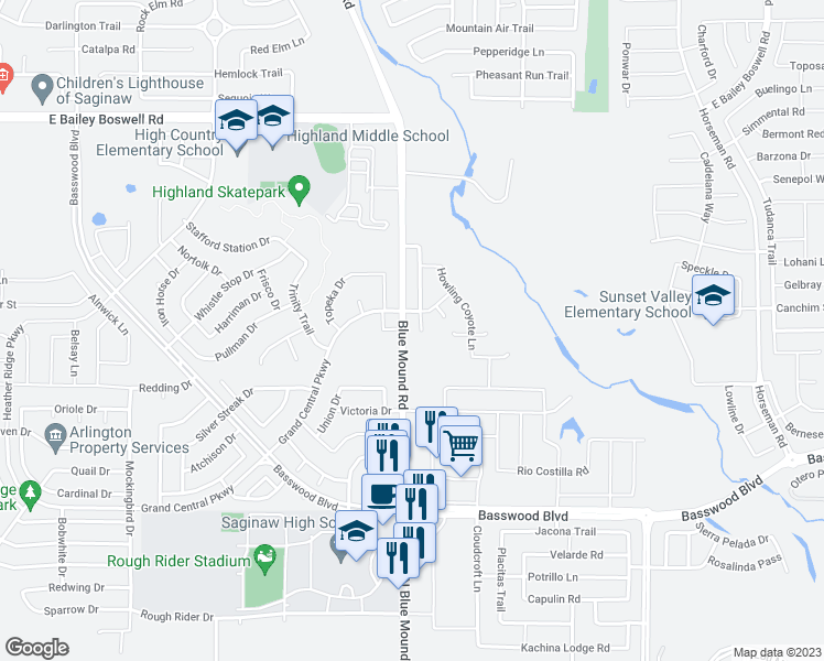 map of restaurants, bars, coffee shops, grocery stores, and more near 7413 Lazy Spur Boulevard in Fort Worth