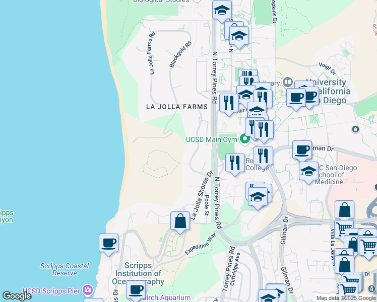 map of restaurants, bars, coffee shops, grocery stores, and more near 9438 La Jolla Farms Road in San Diego