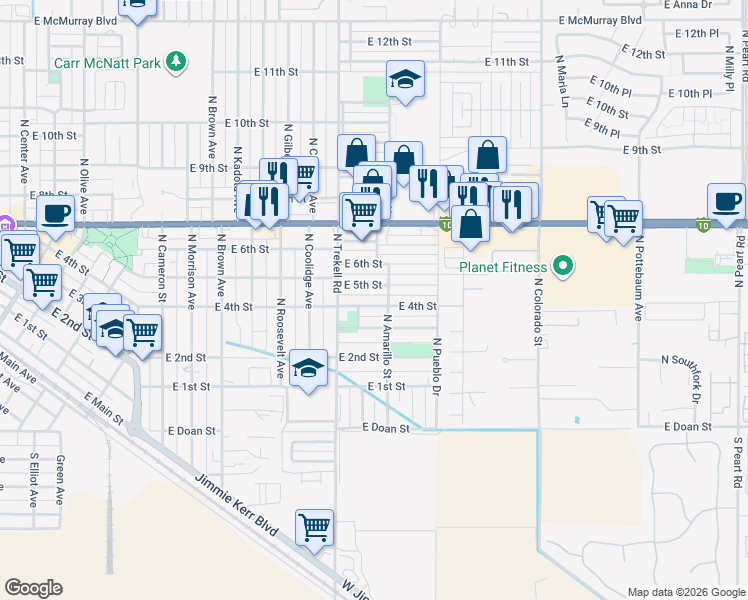 map of restaurants, bars, coffee shops, grocery stores, and more near 1123 East 5th Street in Casa Grande