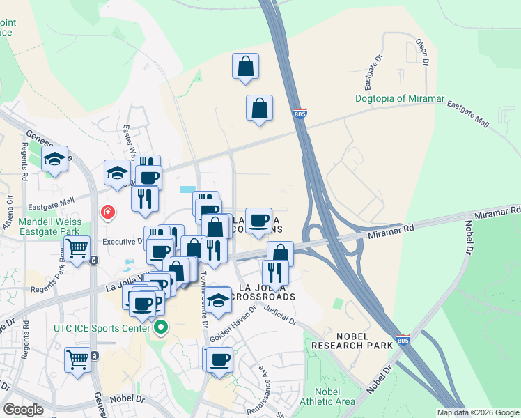 map of restaurants, bars, coffee shops, grocery stores, and more near 4731 Executive Drive in San Diego
