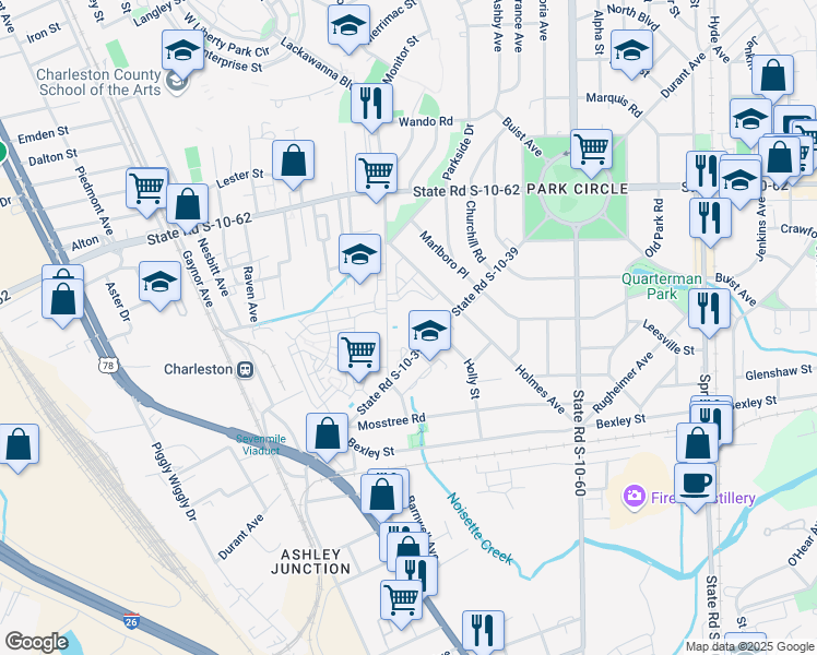 map of restaurants, bars, coffee shops, grocery stores, and more near 4602 Mixson Avenue in North Charleston