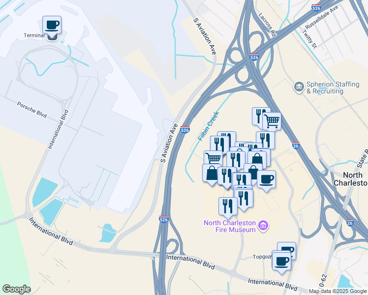 map of restaurants, bars, coffee shops, grocery stores, and more near 4986 Wetland Crossing Road in North Charleston