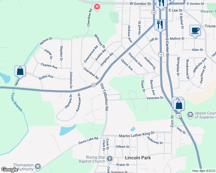 map of restaurants, bars, coffee shops, grocery stores, and more near 101 Old Talbotton Road in Thomaston