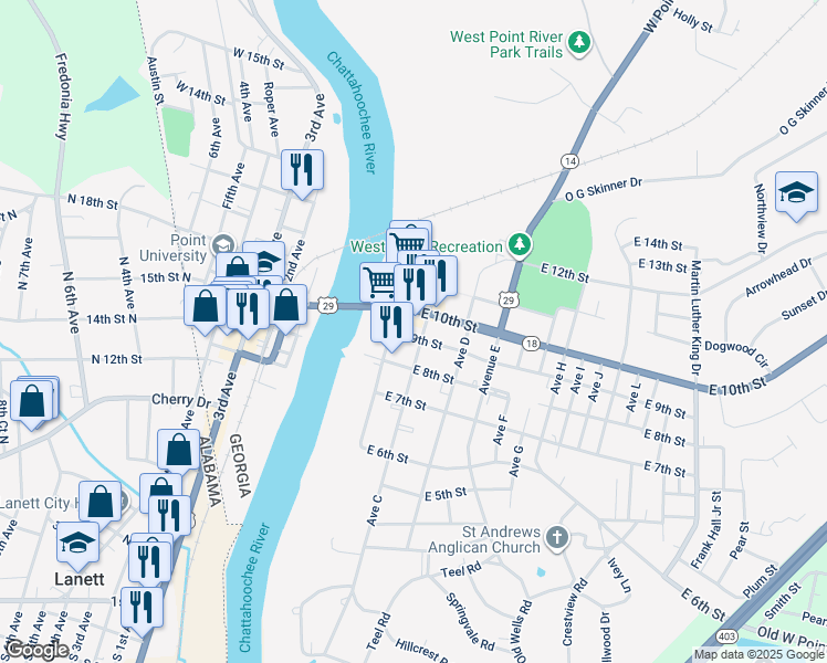 map of restaurants, bars, coffee shops, grocery stores, and more near 210 East 10th Street in West Point