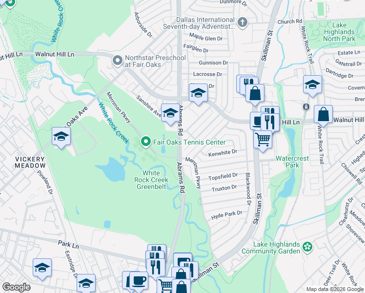 map of restaurants, bars, coffee shops, grocery stores, and more near 7015 Claybrook Drive in Dallas