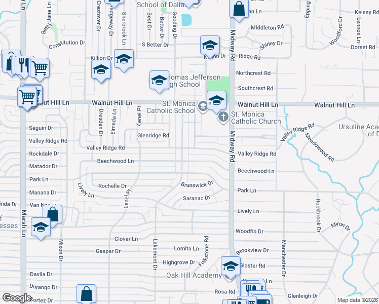 map of restaurants, bars, coffee shops, grocery stores, and more near 4129 Valley Ridge Road in Dallas