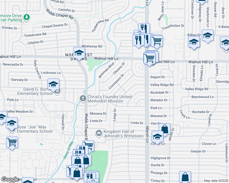 map of restaurants, bars, coffee shops, grocery stores, and more near 9930 Constance Street in Dallas